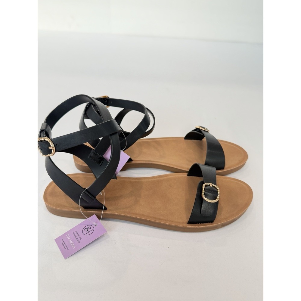 Top Moda Womens Tan Black Ankle Strap Flat Sandals Buckle Detail Size 8.5 Preppy